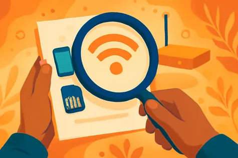 Manos revisando con lupa un documento con iconos de móvil, SIM y wifi, representando el análisis de tarifas de fibra y móvil
