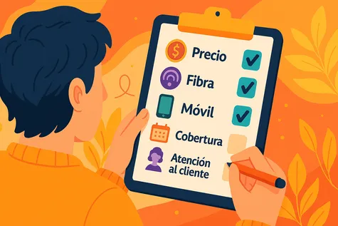 Persona revisando checklist de operador de fibra y móvil con criterios como precio, fibra, móvil, cobertura y atención al cliente