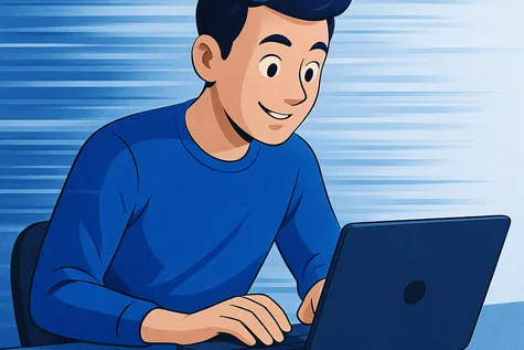Persona usando un ordenador rodeada de símbolos de velocidad, Wi-Fi y fibra óptica, representando conexión rápida a internet