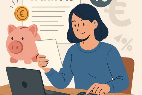 Persona con calculadora y factura en la mano revisando los conceptos para ver cómo reducir el coste de los paquetes convergentes