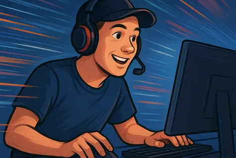 Gamer jugando en su ordenador gracias a una  conexión de fibra  de alta velocidad y baja latencia