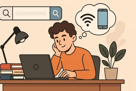 Estudiante buscando la mejor tarifa de fibra y móvil en su portátil, pensando en conexión y smartphone.