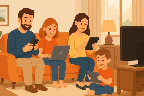Una familia en el salón de su casa conectada a distintos dispositivos gracias a disfrutar de la mejor tarifa de fibra y móvil