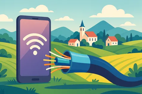 Cable de fibra óptica y smartphone con icono de señal 5 G en un paisaje rural de colinas y casitas, simbolizando la conexión de fibra y móvil de Avatel en pueblos.