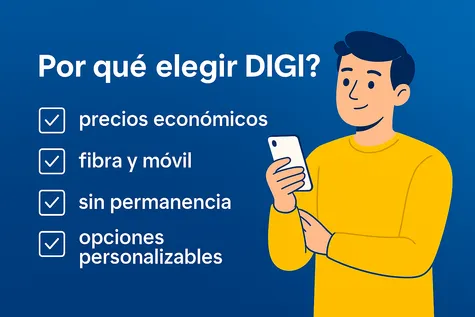 Joven usando el móvil y disfrutando de las ventajas de contratar una tarifa de fibra y movil DIGI