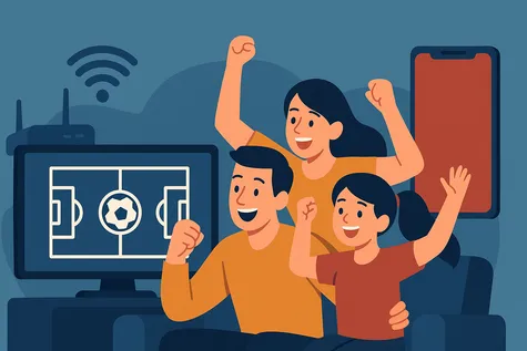 Familia celebrando un gol frente al televisor con un campo de fútbol en pantalla, junto al router wifi, representando un pack de fibra, móvil y fútbol.