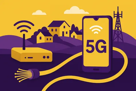 Router y smartphone 5 G conectados por fibra,  junto a un grupo de casas y antena de telecomunicaciones al fondo, simbolizando la oferta de fibra y móvil de Lemmon.