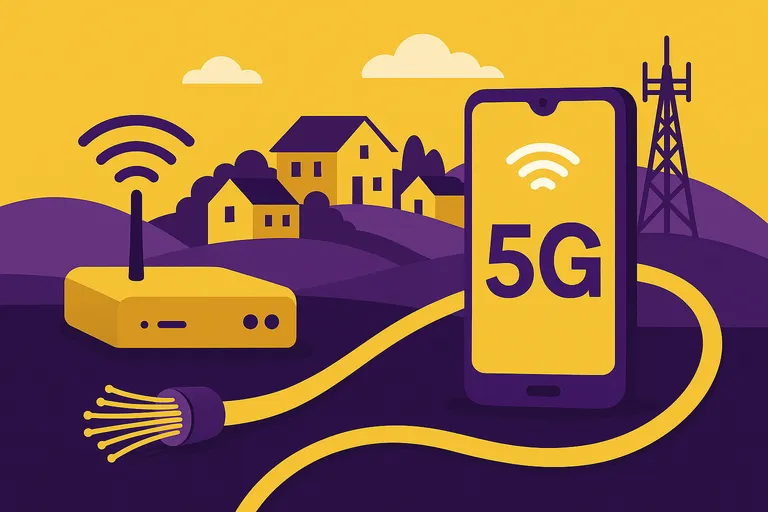 Router y smartphone 5 G conectados por fibra,  junto a un grupo de casas y antena de telecomunicaciones al fondo, simbolizando la oferta de fibra y móvil de Lemmon.