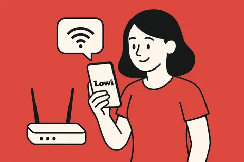 Mujer usando un móvil junto a un router WiFi, representando los servicios combinados de fibra y móvil de Lowi