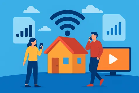 Dos personas usando el móvil y una televisión, representando los servicios combinados de Movistar
