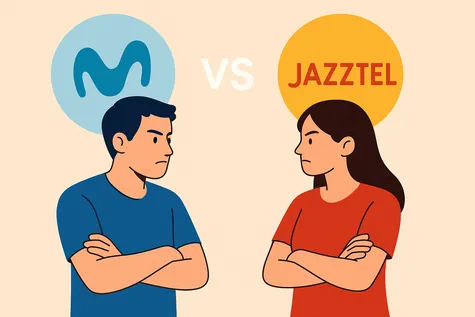 Hombre y mujer enfrentados representando la comparativa entre tarifas de Movistar y Jazztel.