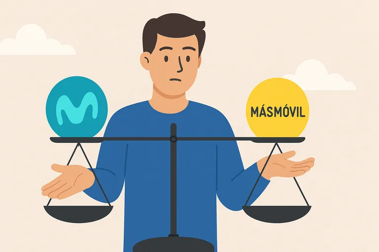 Hombre comparando tarifas de Movistar y MásMóvil con una balanza en equilibrio.