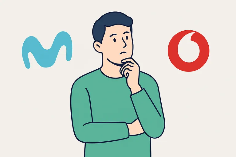 Hombre pensativo comparando los logos de Movistar y Vodafone sobre fondo claro estilo minimalista.