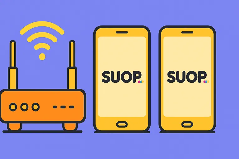 Ilustración de un router y dos móviles Suop, representando sus tarifas de fibra y móvil.