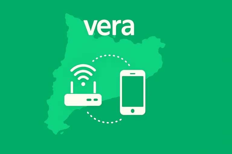 Ilustración de la fibra y móvil de Vera sobre el mapa de Cataluña.