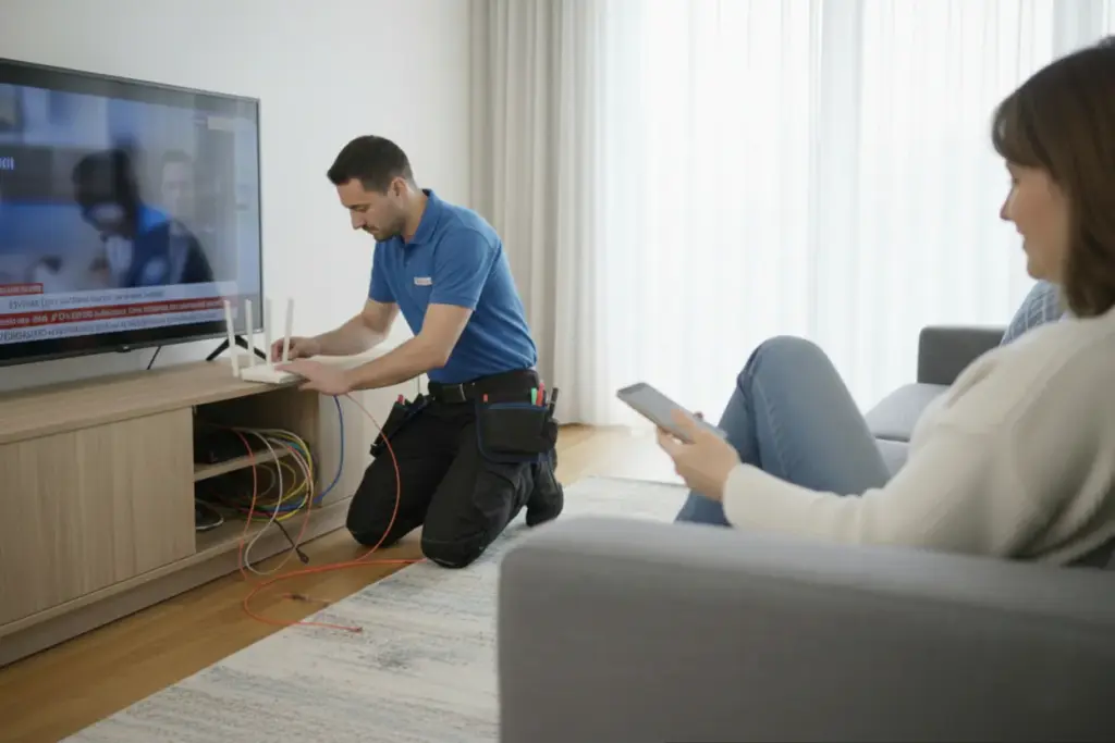 Técnico configurando fibra y móvil en una casa