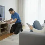 Técnico configurando fibra y móvil en una casa