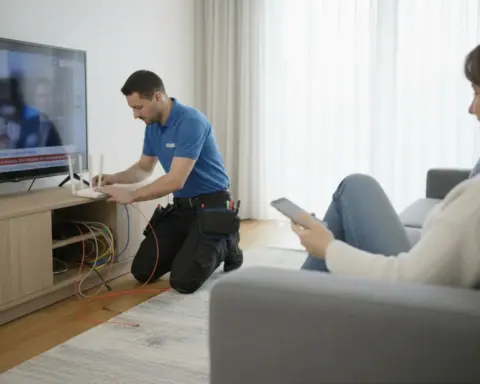 Técnico configurando fibra y móvil en una casa