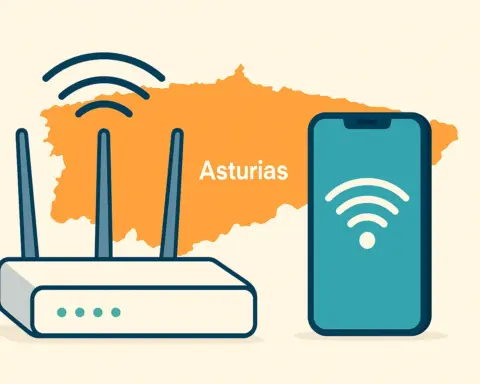 Router wifi junto a un smartphone sobre un mapa de Asturias.