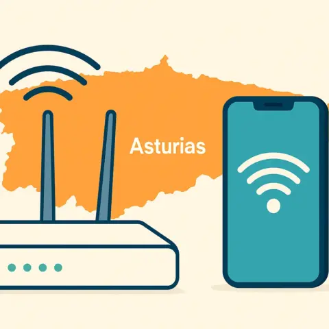 Router wifi junto a un smartphone sobre un mapa de Asturias.