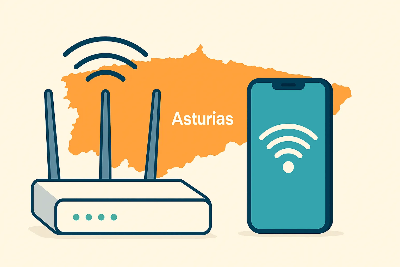 Router wifi junto a un smartphone sobre un mapa de Asturias.