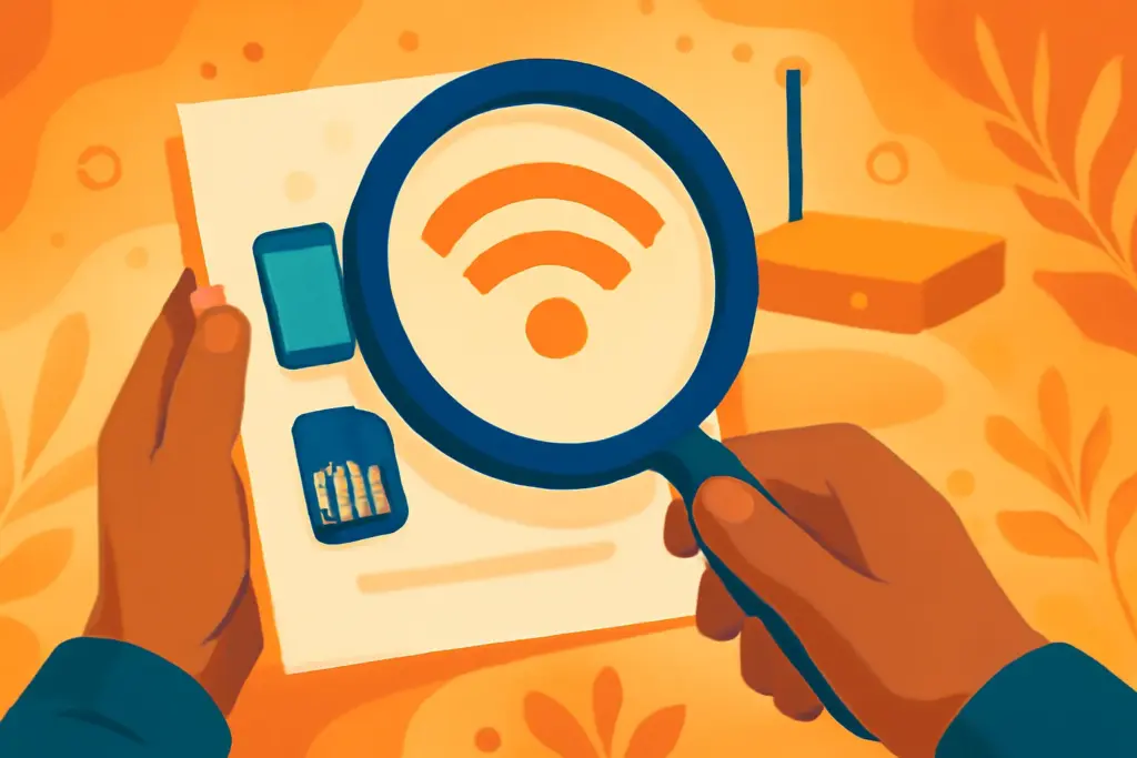 Manos revisando con lupa un documento con iconos de móvil, SIM y wifi, representando el análisis de tarifas de fibra y móvil