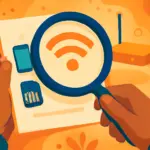 Manos revisando con lupa un documento con iconos de móvil, SIM y wifi, representando el análisis de tarifas de fibra y móvil