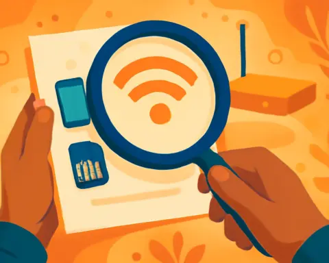 Manos revisando con lupa un documento con iconos de móvil, SIM y wifi, representando el análisis de tarifas de fibra y móvil