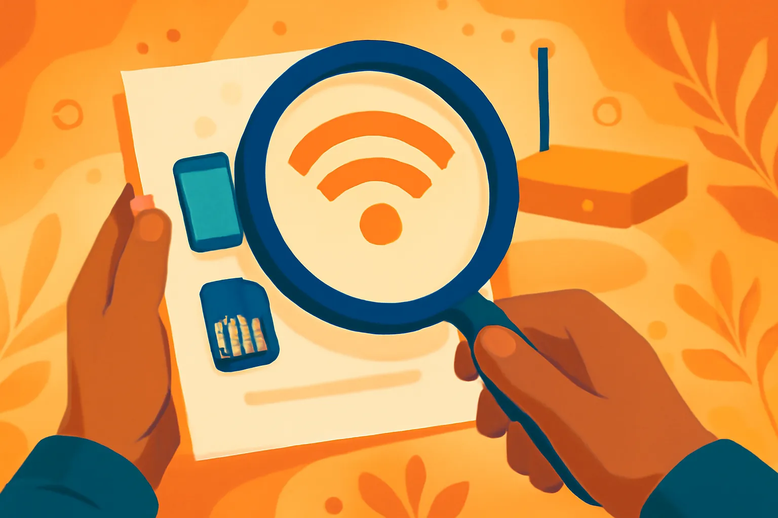 Manos revisando con lupa un documento con iconos de móvil, SIM y wifi, representando el análisis de tarifas de fibra y móvil