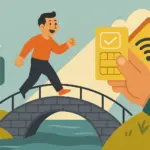 Hombre cruzando un puente hacia una casa con señal Wi-Fi, simbolizando la portabilidad en tarifas convergentes sin complicaciones