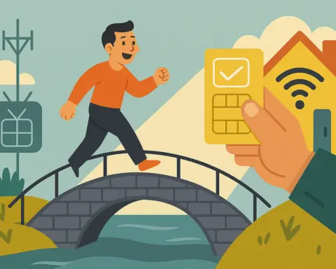 Hombre cruzando un puente hacia una casa con señal Wi-Fi, simbolizando la portabilidad en tarifas convergentes sin complicaciones