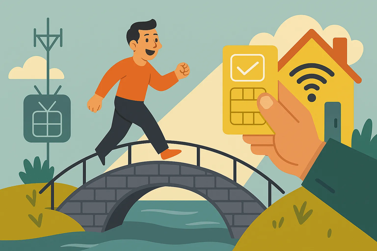 Hombre cruzando un puente hacia una casa con señal Wi-Fi, simbolizando la portabilidad en tarifas convergentes sin complicaciones