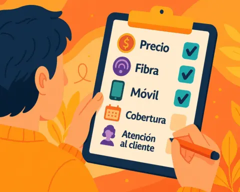 Persona revisando checklist de operador de fibra y móvil con criterios como precio, fibra, móvil, cobertura y atención al cliente