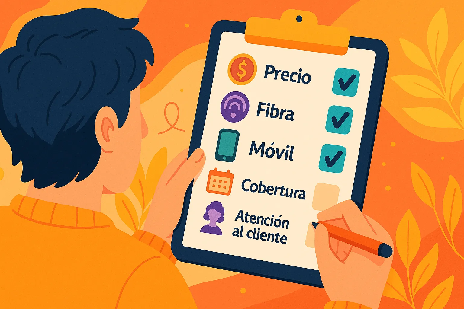 Persona revisando checklist de operador de fibra y móvil con criterios como precio, fibra, móvil, cobertura y atención al cliente
