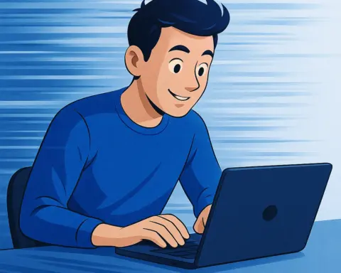 Persona usando un ordenador rodeada de símbolos de velocidad, Wi-Fi y fibra óptica, representando conexión rápida a internet