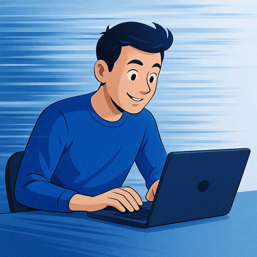 Persona usando un ordenador rodeada de símbolos de velocidad, Wi-Fi y fibra óptica, representando conexión rápida a internet