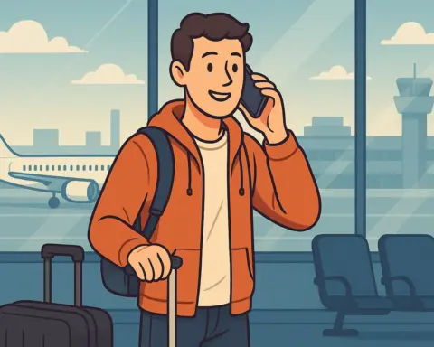 Persona hablando por teléfono en un aeropuerto con total tranquilidad por que su tarifa de fibra y móvil tiene el roaming incluido.