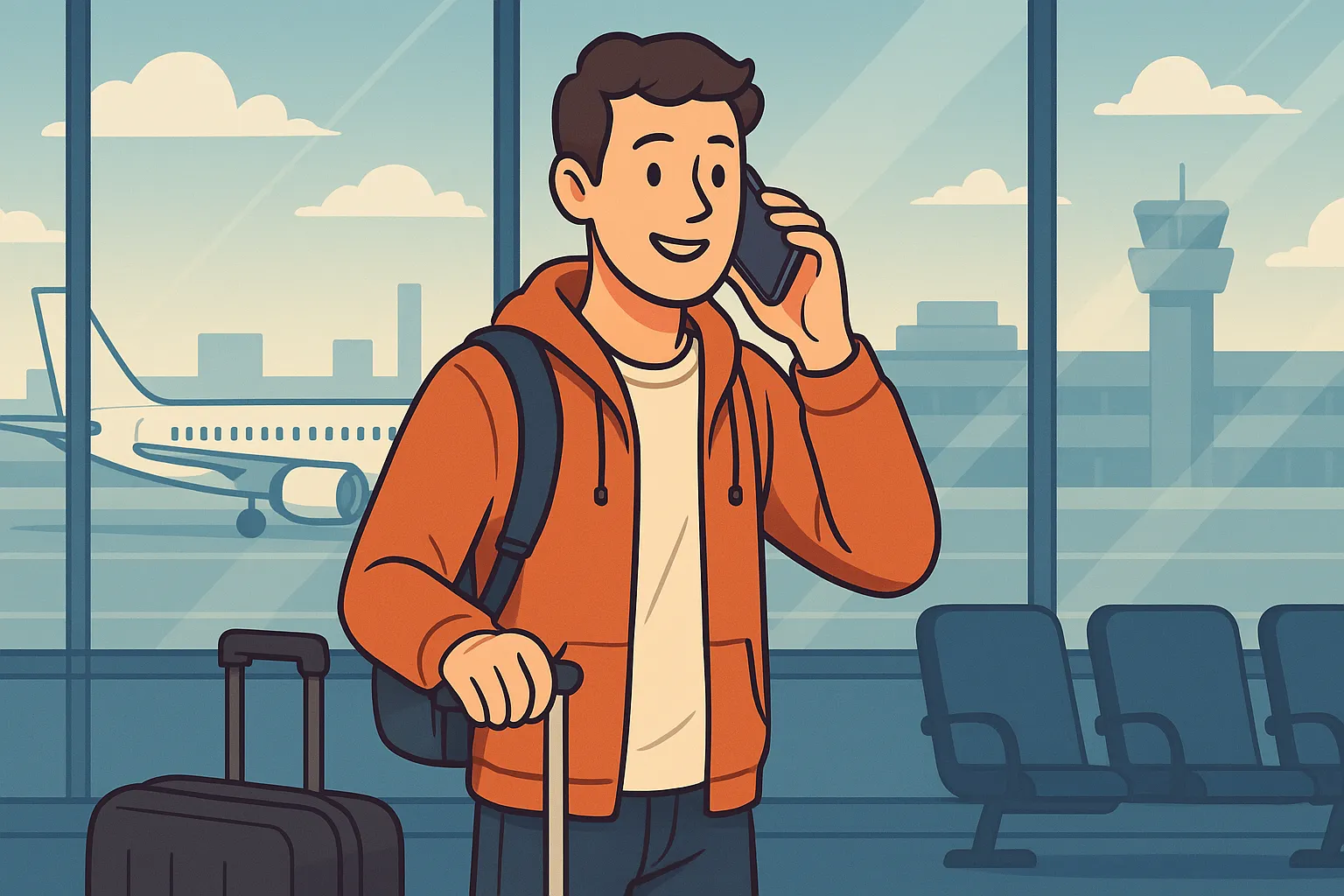 Persona hablando por teléfono en un aeropuerto con total tranquilidad por que su tarifa de fibra y móvil tiene el roaming incluido.