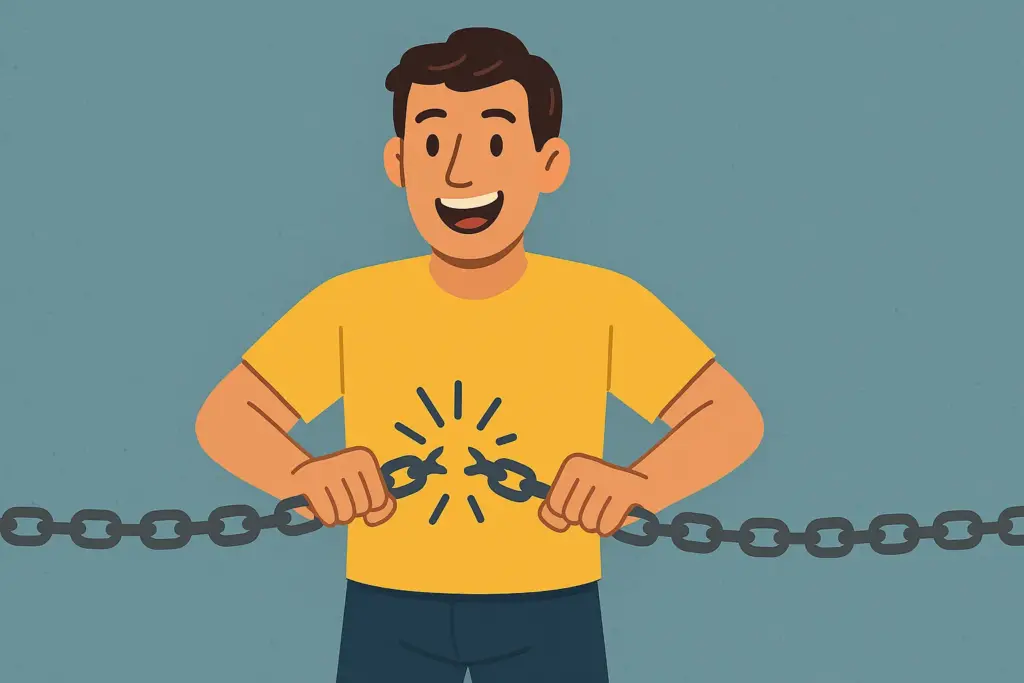 Hombre sonriente rompiendo una cadena con las manos, representando libertad al contratar fibra y móvil sin permanencia