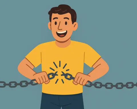 Hombre sonriente rompiendo una cadena con las manos, representando libertad al contratar fibra y móvil sin permanencia