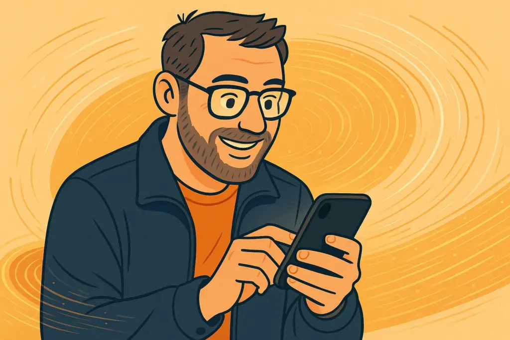 Hombre mirando su smartphone con símbolos de 5G y velocidad alrededor, representando una conexión móvil rápida y fluida.