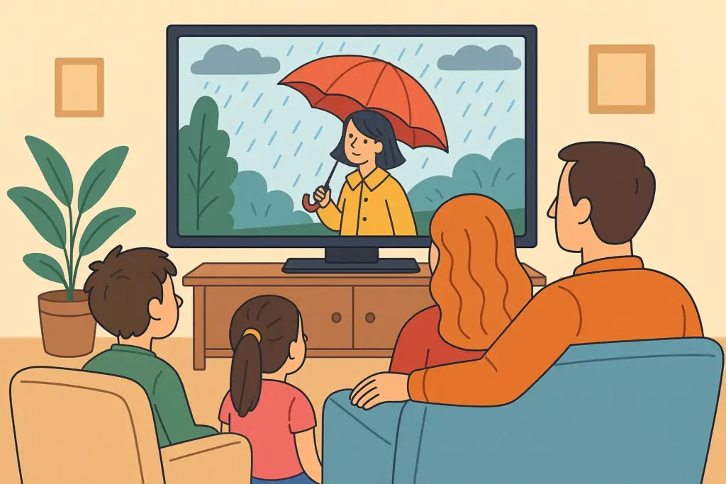 Familia viendo la televisión junta en el salón, disfrutando de los contenidos de entretenimiento de su tarifa de fibra y móvil con TV incluida