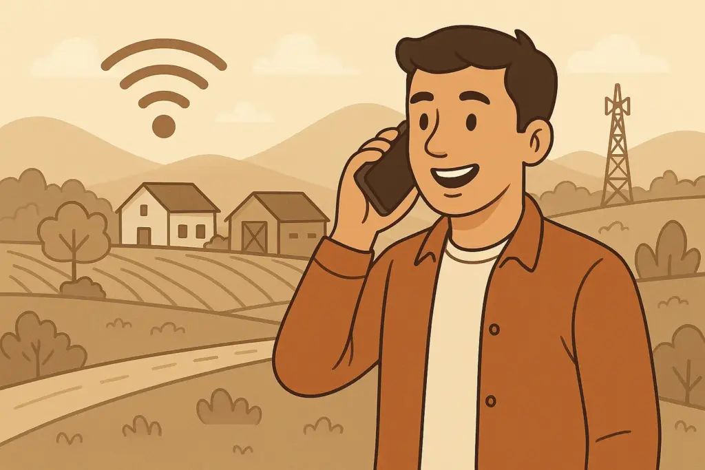 Persona conectada hablando por su smartphone en una zona rural con buena cobertura de fibra y móvil
