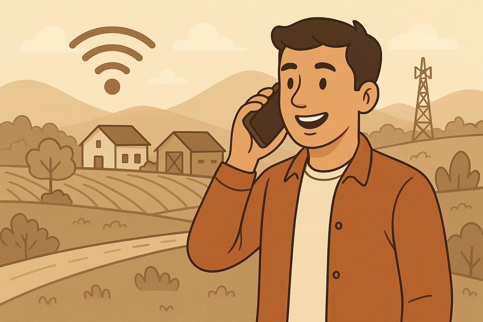 Persona conectada hablando por su smartphone en una zona rural con buena cobertura de fibra y móvil