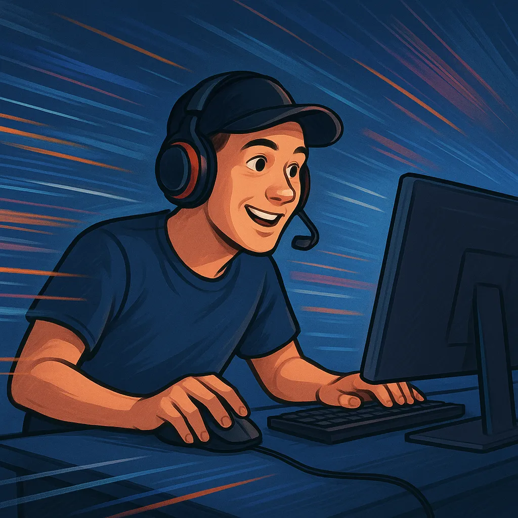 Gamer jugando en su ordenador gracias a una conexión de fibra de alta velocidad y baja latencia