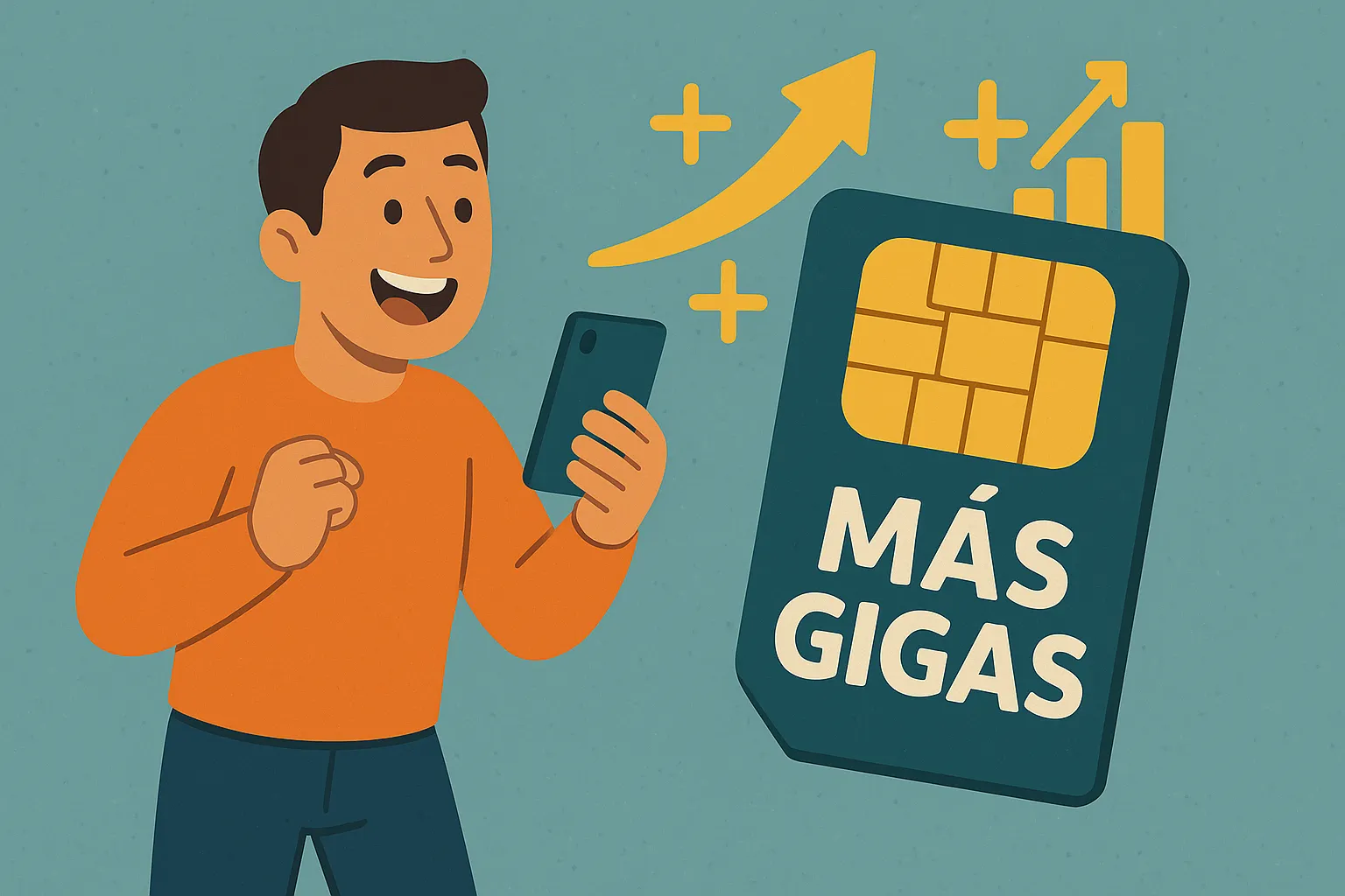 Persona feliz usando su móvil representando una tarifa de fibra y móvil con muchos gigas