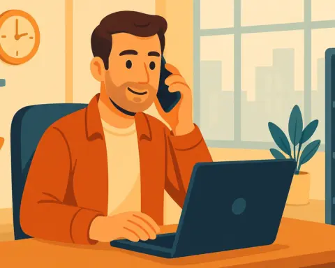 Hombre autónomo trabajando en su oficina mientras habla por teléfono y consulta su portátil