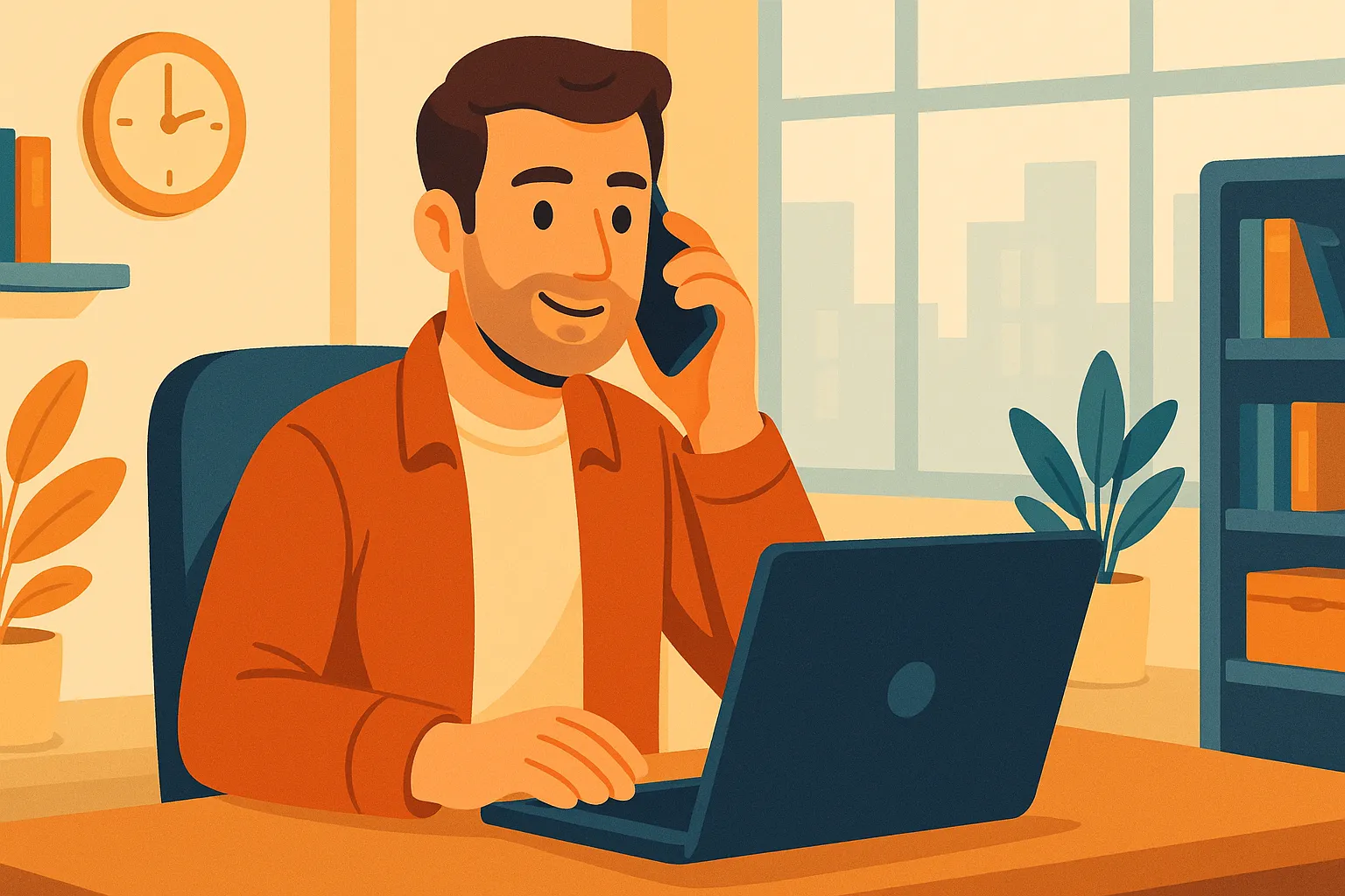 Hombre autónomo trabajando en su oficina mientras habla por teléfono y consulta su portátil