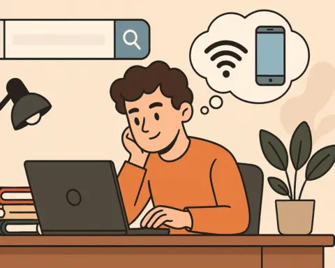 Estudiante buscando la mejor tarifa de fibra y móvil en su portátil, pensando en conexión y smartphone.