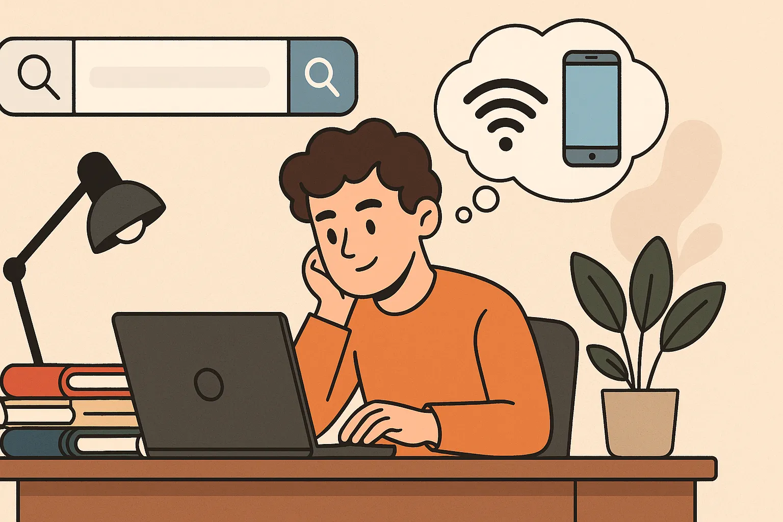 Estudiante buscando la mejor tarifa de fibra y móvil en su portátil, pensando en conexión y smartphone.